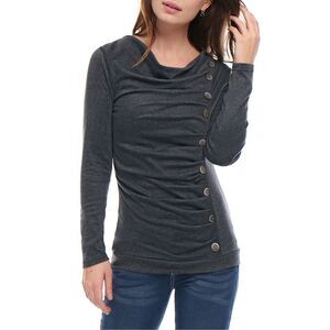 Women's Cowl Neck Long Sleeves Buttons Decor Ruched Top Dark Gray